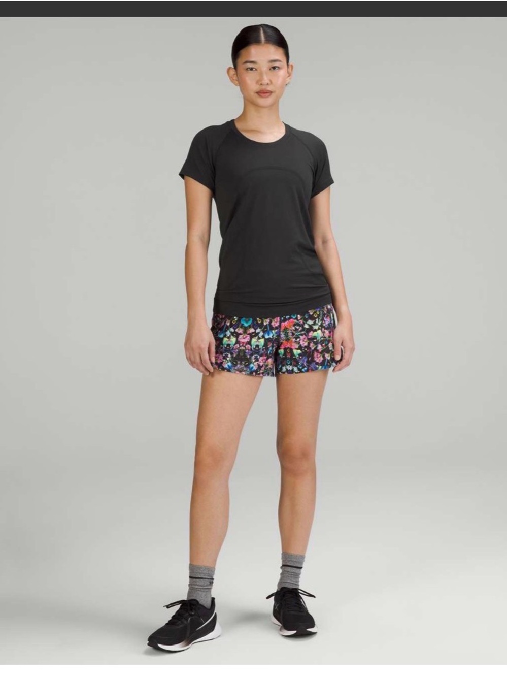 Lululemon Speed Up Black Active Tee with Multicolor Floral Shorts